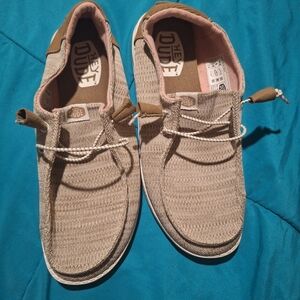 Womens Hey Dude Beige and Brown Casual Loafers 8